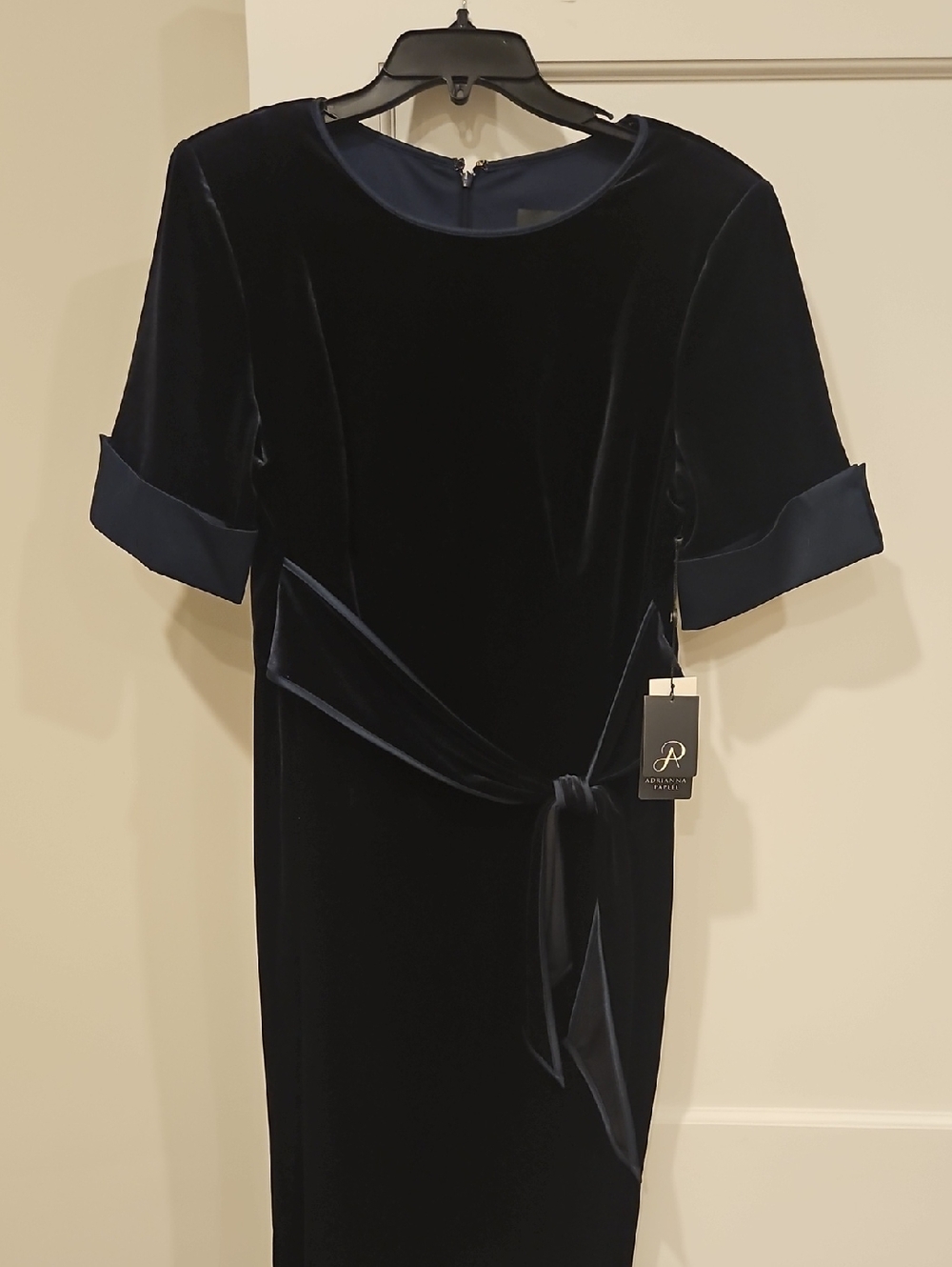 NWT Adrianna Papell Navy Velvet Tie-Waist Midi Sheath Dress Size: 14